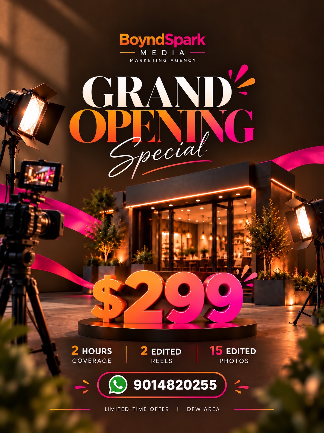 BoyndSpark Media Grand Opening Special: $299 for 2 hours of coverage, 2 edited Reels and 15 edited photos in the DFW area.