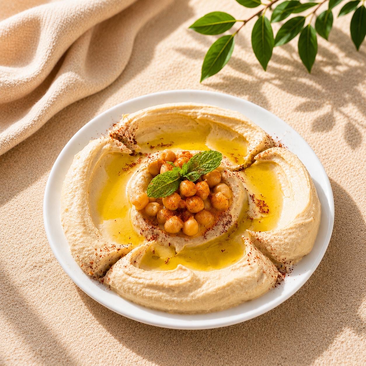 Hummus with olive oil and chickpeas