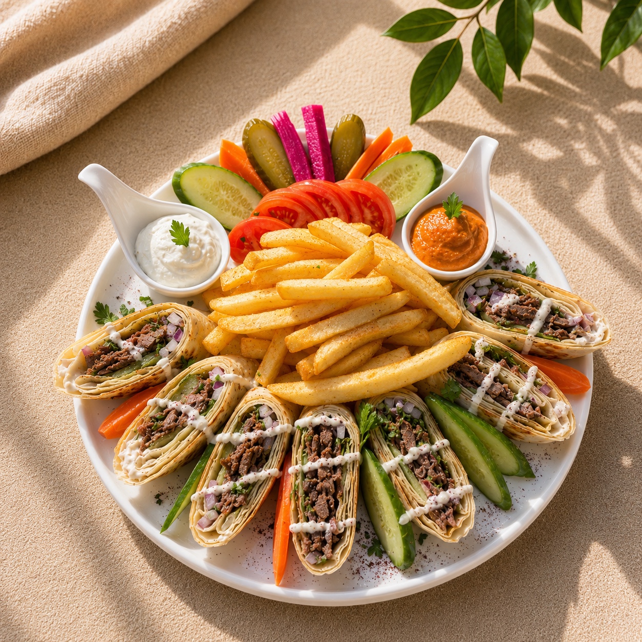 Shawarma platter with fries and vegetables